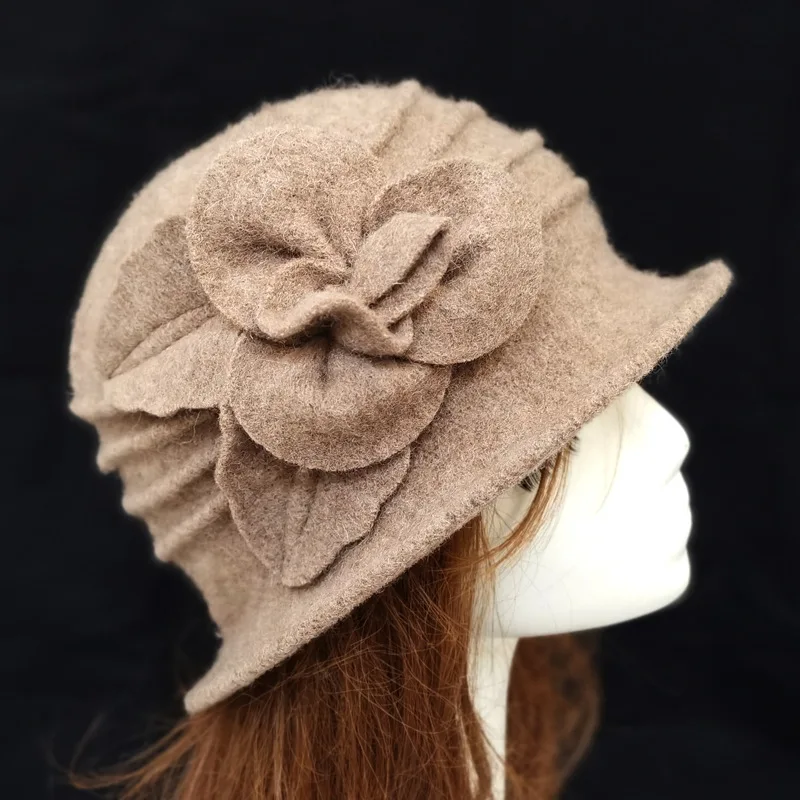 Beige Wool tweed cloche hat flower Women main image 4