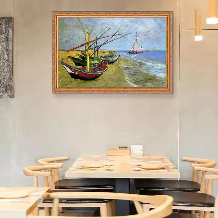 Hand-Painted Impressionist Landscape Oil Scenery Van Gogh's Famous Fishing Boats on Beach Canvas Support Base Reproductions