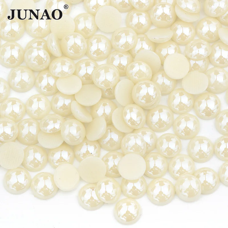 JUNAO 4 6 8 10 12mm Gold Flatback Pearls Half Round Rhinestone