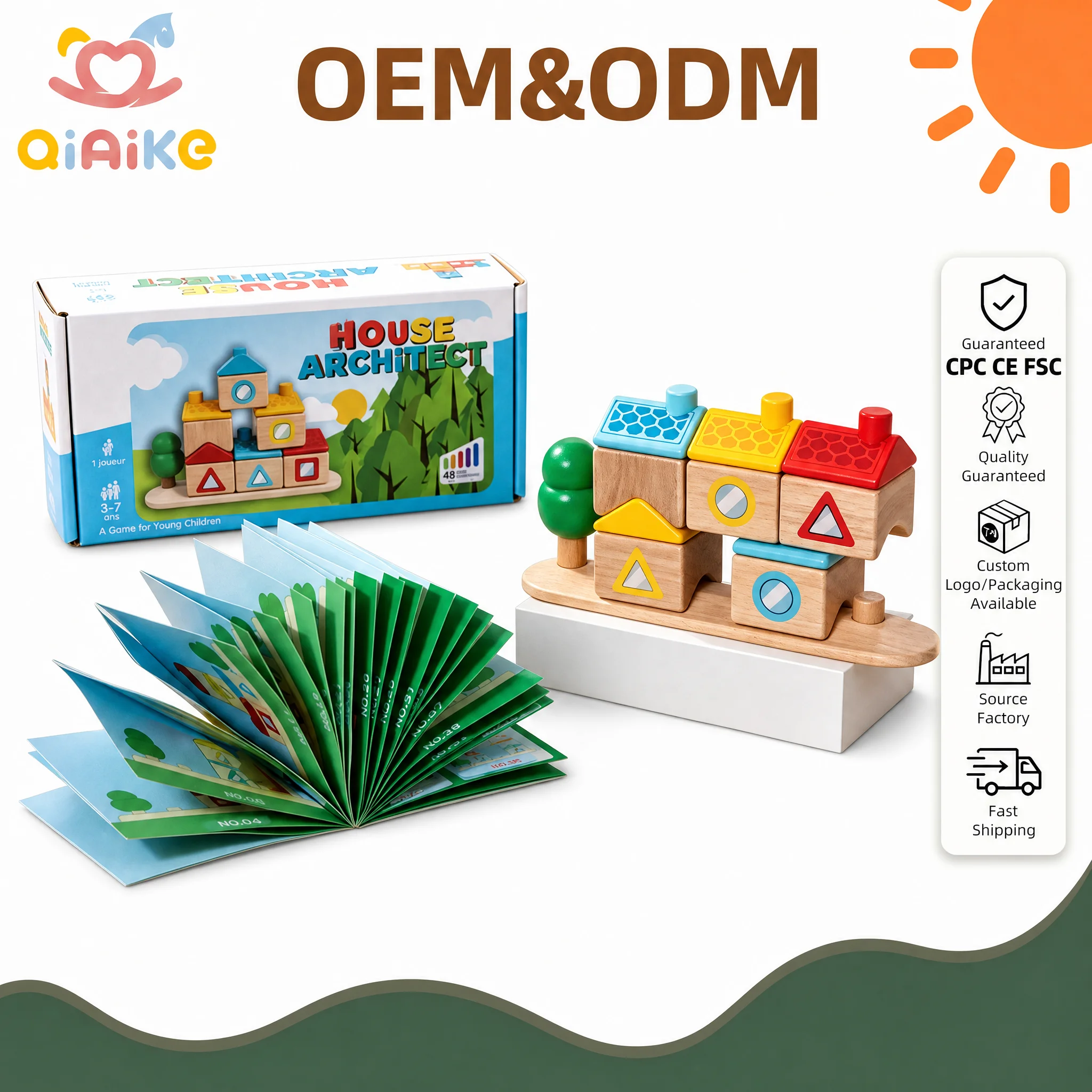Jeu de construction en bois représentant une maison d'architecte, blocs empilables, jeu de réflexion spatiale et logique (48 défis), jouet STEM Montessori