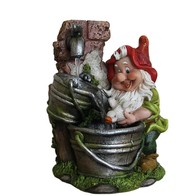 Small Resin Crafts Gnome Dwarf Statue Decorative Home Waterfall Fountain with Playing Feather
