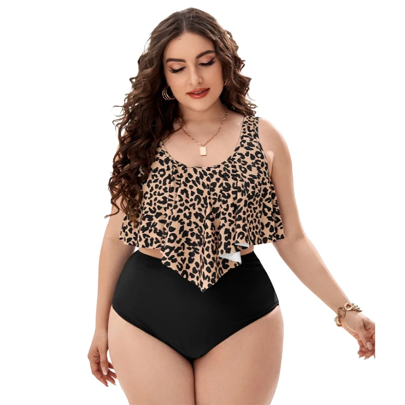 Eco Friendly Recycled Nylon Swimwear Plus Size Women Leopard Printed Ruffle Top High Waist Bottom Bathing Suit