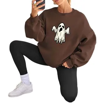 Women's Halloween Print Hoodie -100% polyester casual crew neck Long sleeve jumper Ghost Print sweatshirt top