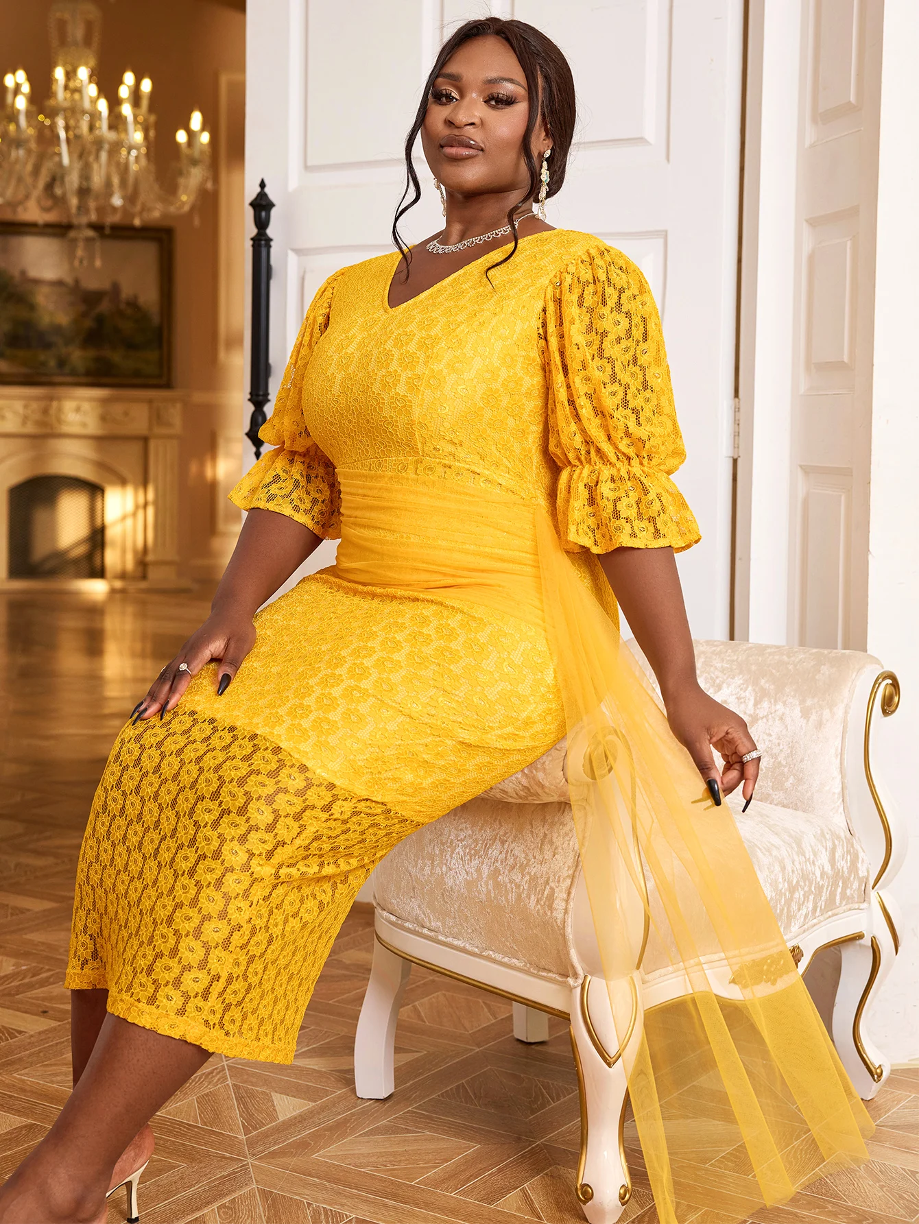 Elegant Long Sleeve Bell Sleeve Yellow Evening Dress