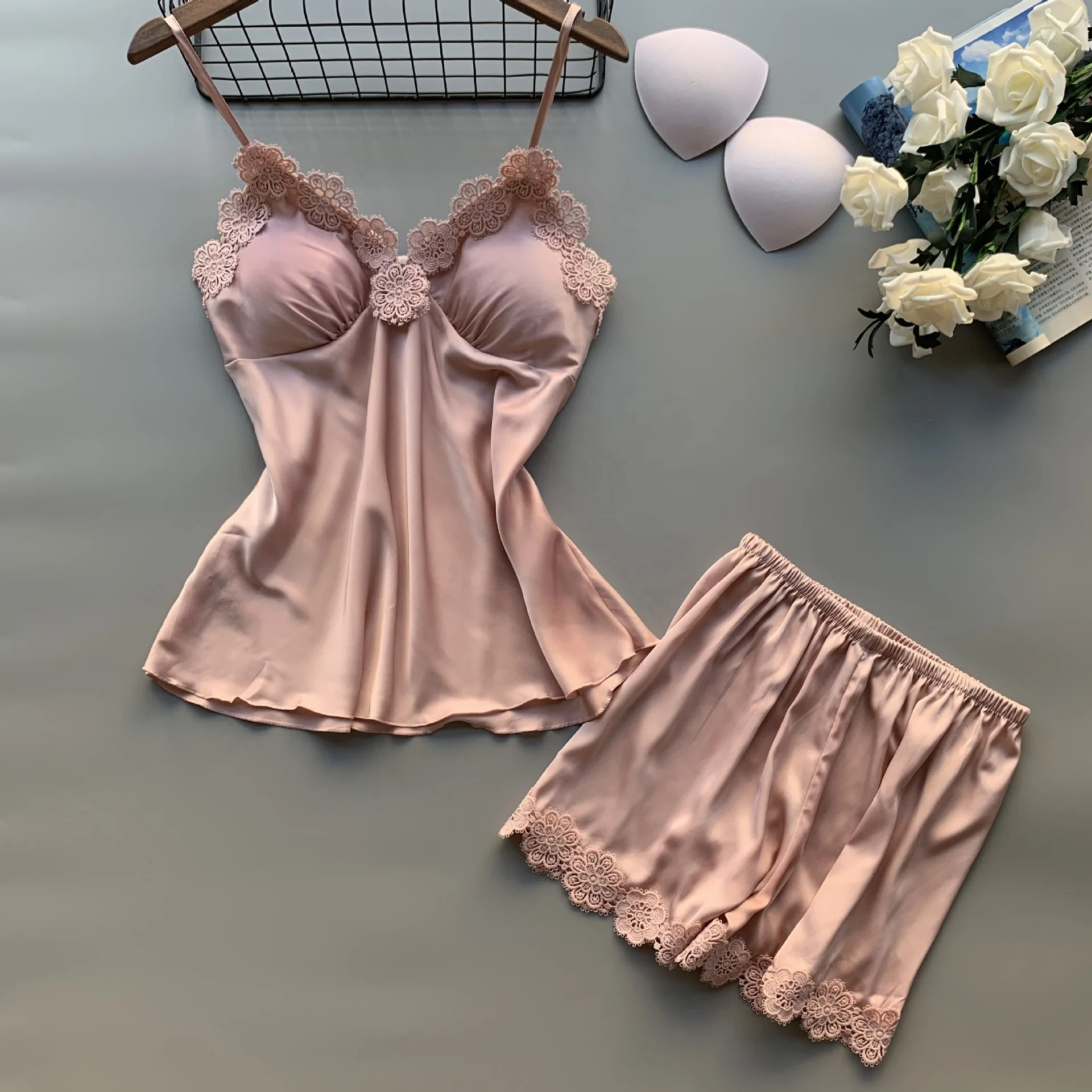 Shop High Quality Sexy Two Pieces Nighty Silk Satin Pajamas