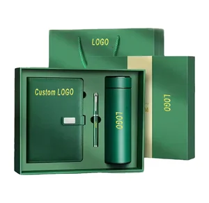 Luxury Corporate Promotional Gift Sets Custom Logo Leather Notebook Journal with LED Thermos and Pen Presented in a Box