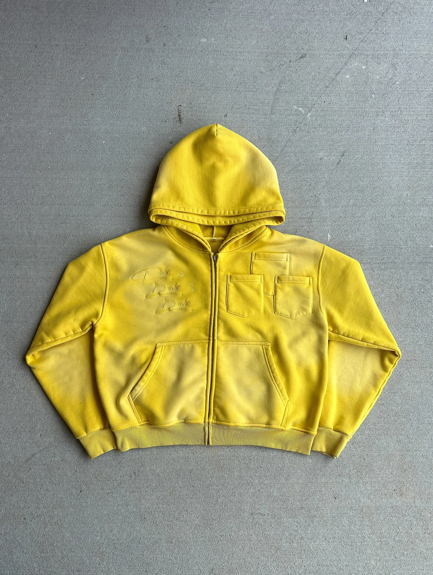 Custom Embroidery Printing Cloud Gray Vintage Hoodies Double Hood Patchwork Distressed Men Sun Fade Zip-up Hoodie gallery 3