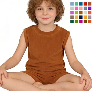 Wholesales Terry Towel Solid Pattern Boys Clothing Sets Sleeveless Tank O-Neck Top Shorts Summer Kids Clothing Sets