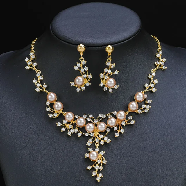 Fashion Trendy Crystal Stainless Steel Gold Plated Wedding Party Pearl Jewelry Necklaces Zircon Set With Pearls For Women