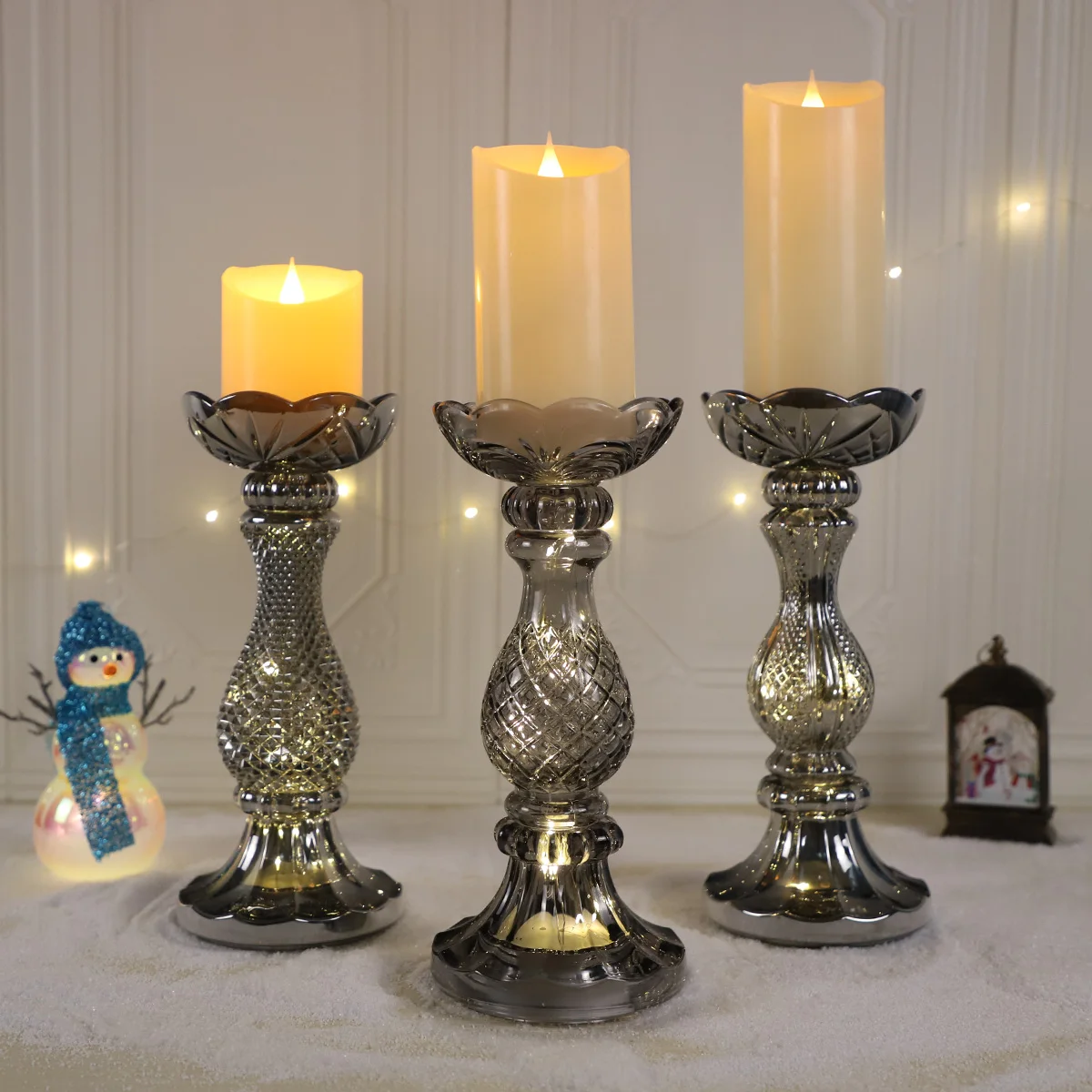 3 pcs Smoke Glass Candle Holder wholesale Vintage Candle Holder Set Candlesticks Holder led Candle Centerpiece decor