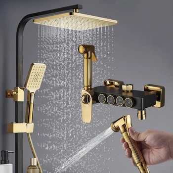 Bathroom Shower Fixture 8-inch Rainfall Shower Head Sets Vintage Wall Mounted Mixer black and gold shower set