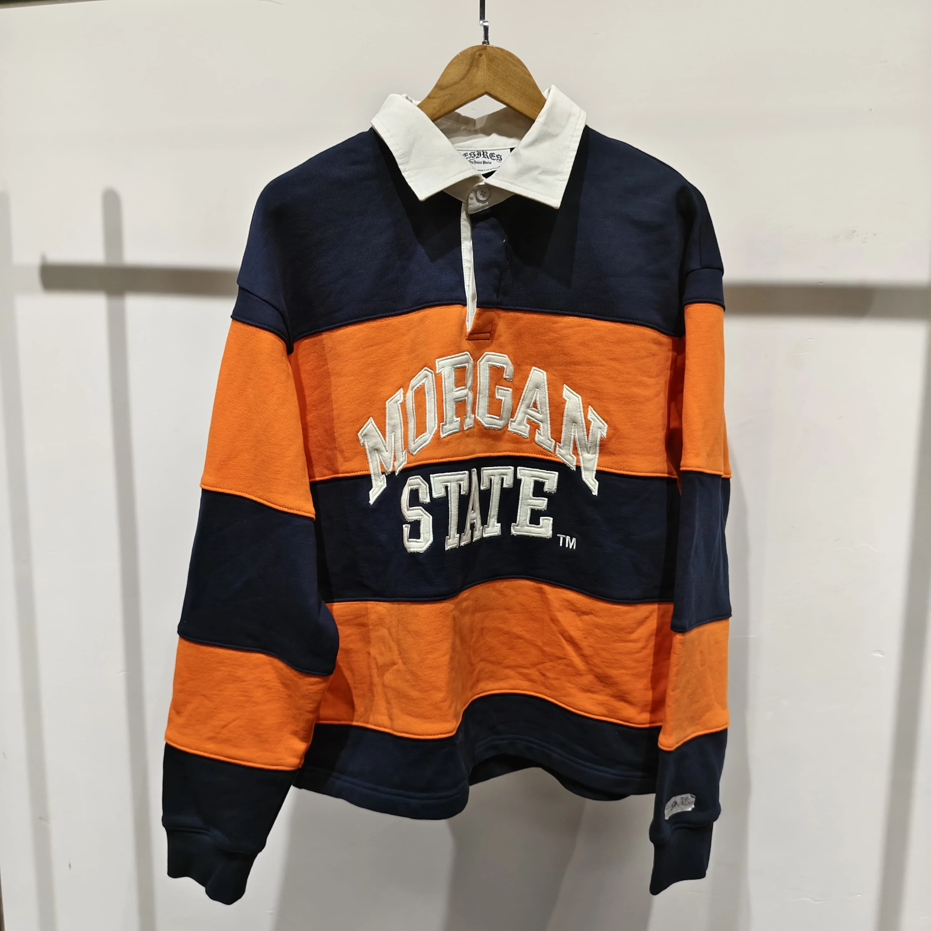 Men Y2K Custom Streetwear Distressed Applique Embroidery Heavyweight French Terry Rugby Stripe Cotton Long Sleeve Polo Shirt gallery 7
