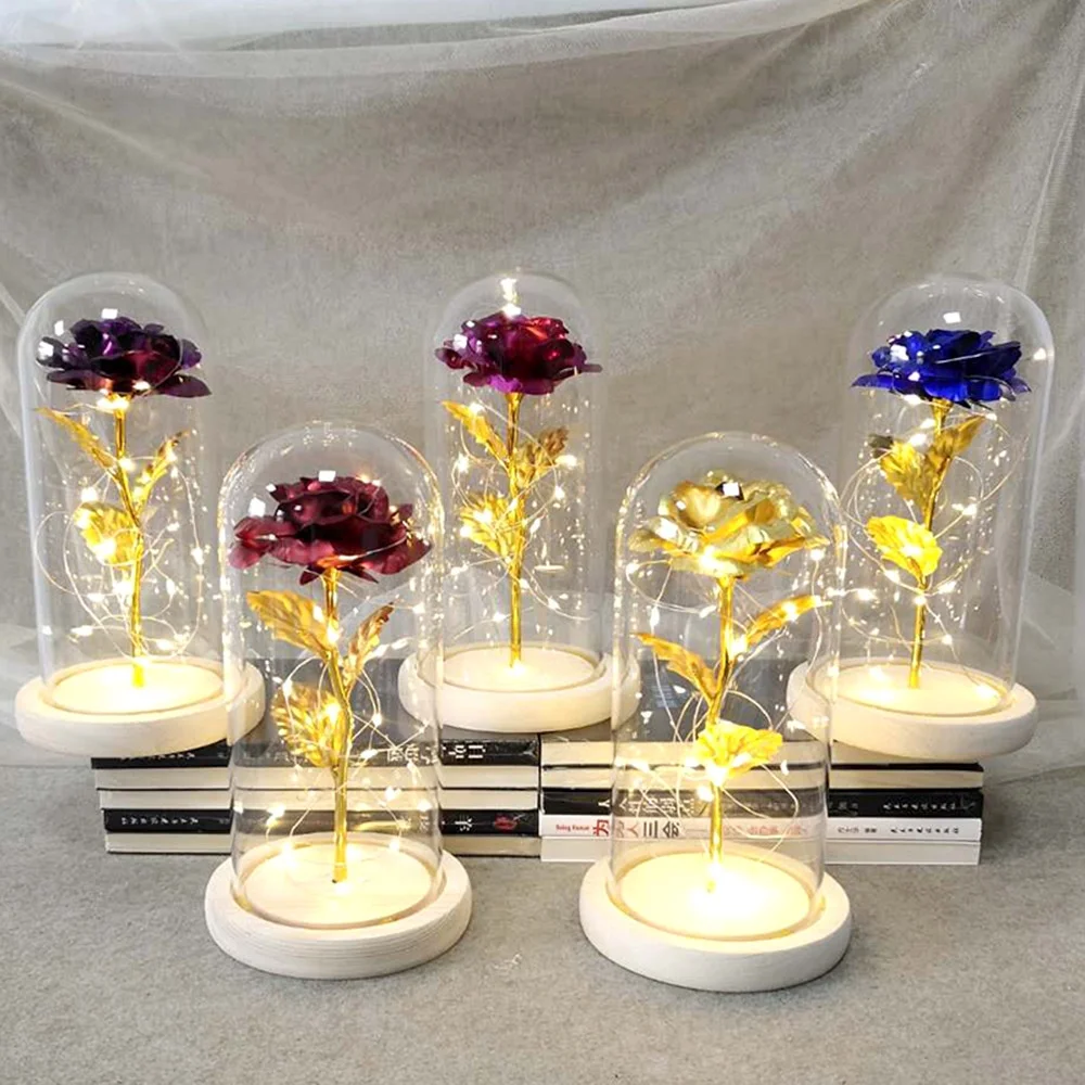Shining 24k Golden Colorful Rose LED Light String on the Colorful Gold Foil Flowers Rose in Glass Dome