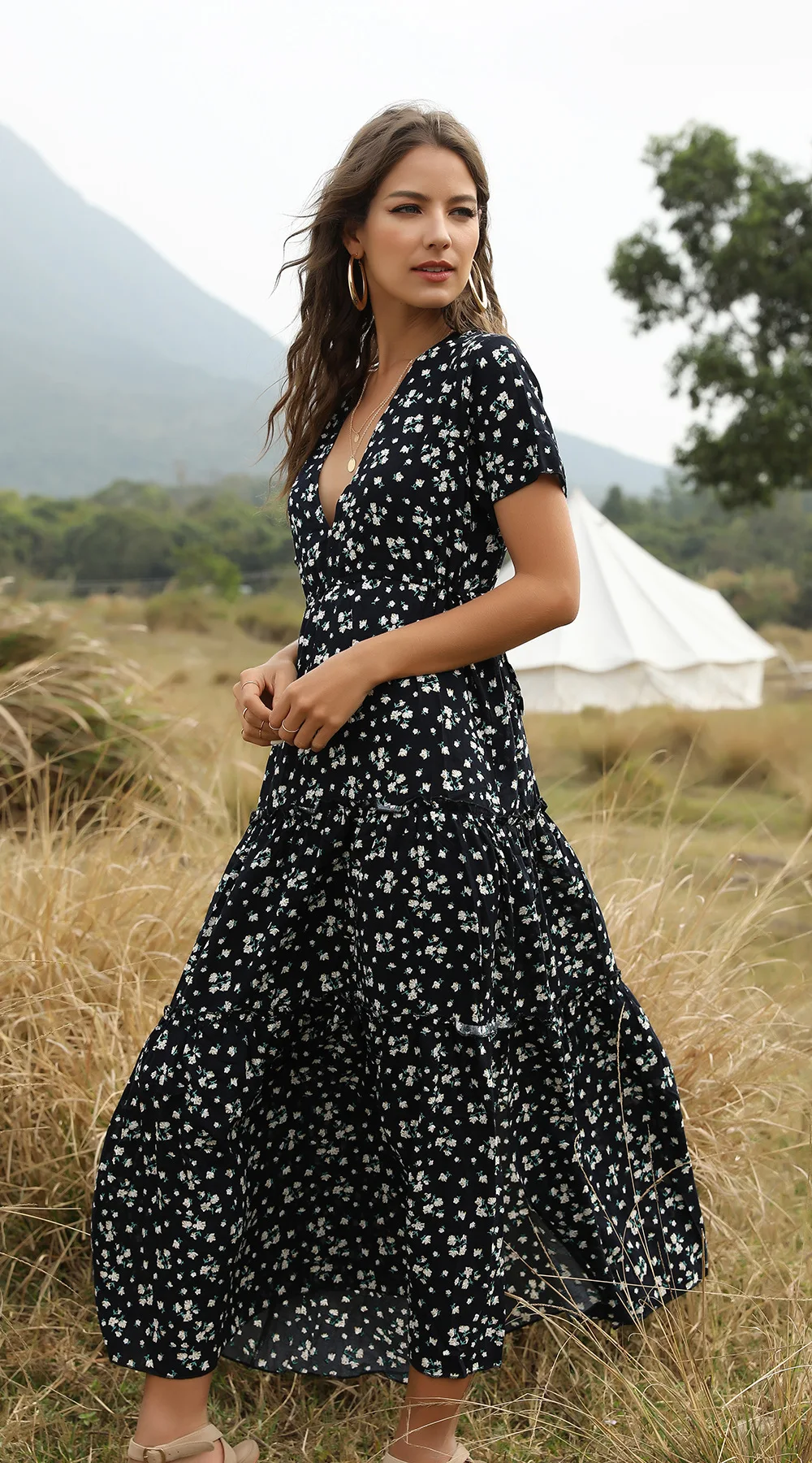 Ready to Ship New Style Short Sleeve V Neck Polyester Chiffon Printed Floral Maxi Dress 2021 Women Clothing
