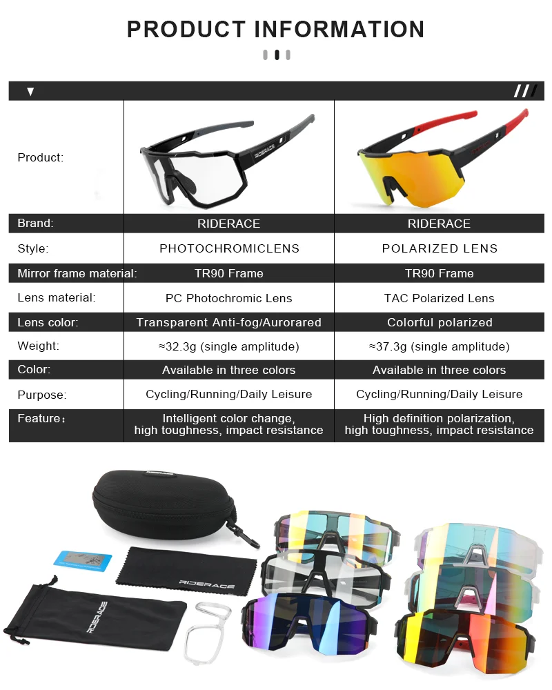 RIDERACE Cycling Glasses UV400 Protection Bicycle Sunglasses Photochromic Polarise Lens Eyewear Outdoor Riding Goggles for Men