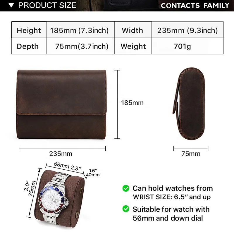 CONTACTS FAMILY Handcrafted Crazy Horse Travel Watch Roll Slide 6 Slot Vintage Real Leather Watch Box Display Case Organizer