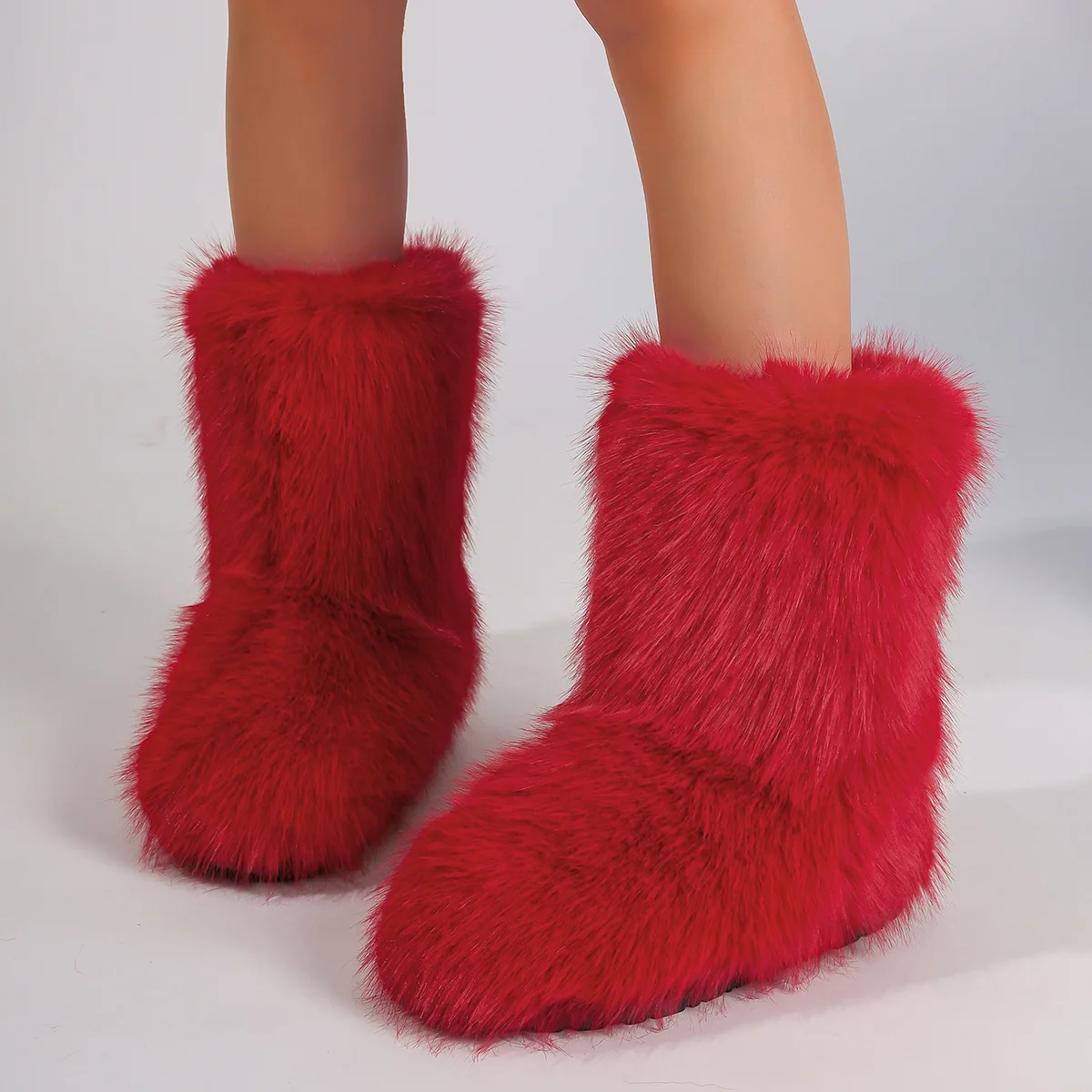SHIKOL pink White Red Fluffy Furry Boots Women Mid Calf Flats Big Size 12  FashIon Y2K Winter Boots for Women Faux fox Fur Boots