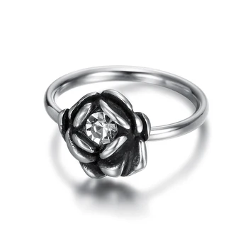 Custom design ladies biker jewelry 316 stainless steel rose ring flower shape black clear diamond rings for men women