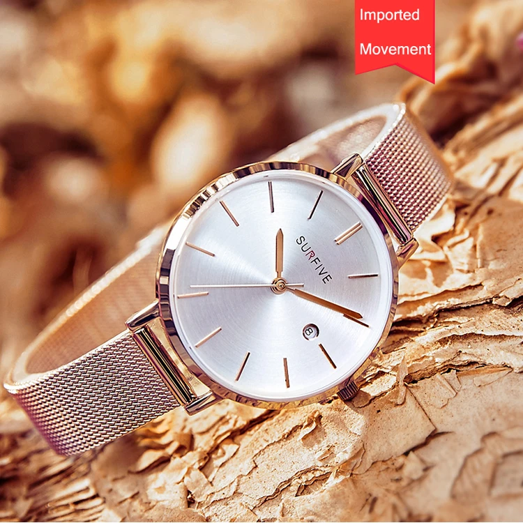 Simple High Quality Ready Meshing Band Ladies Watch Stainless Steel 3atm Japan Movt 3 Hands  Woman Dress Slim Wristwatch