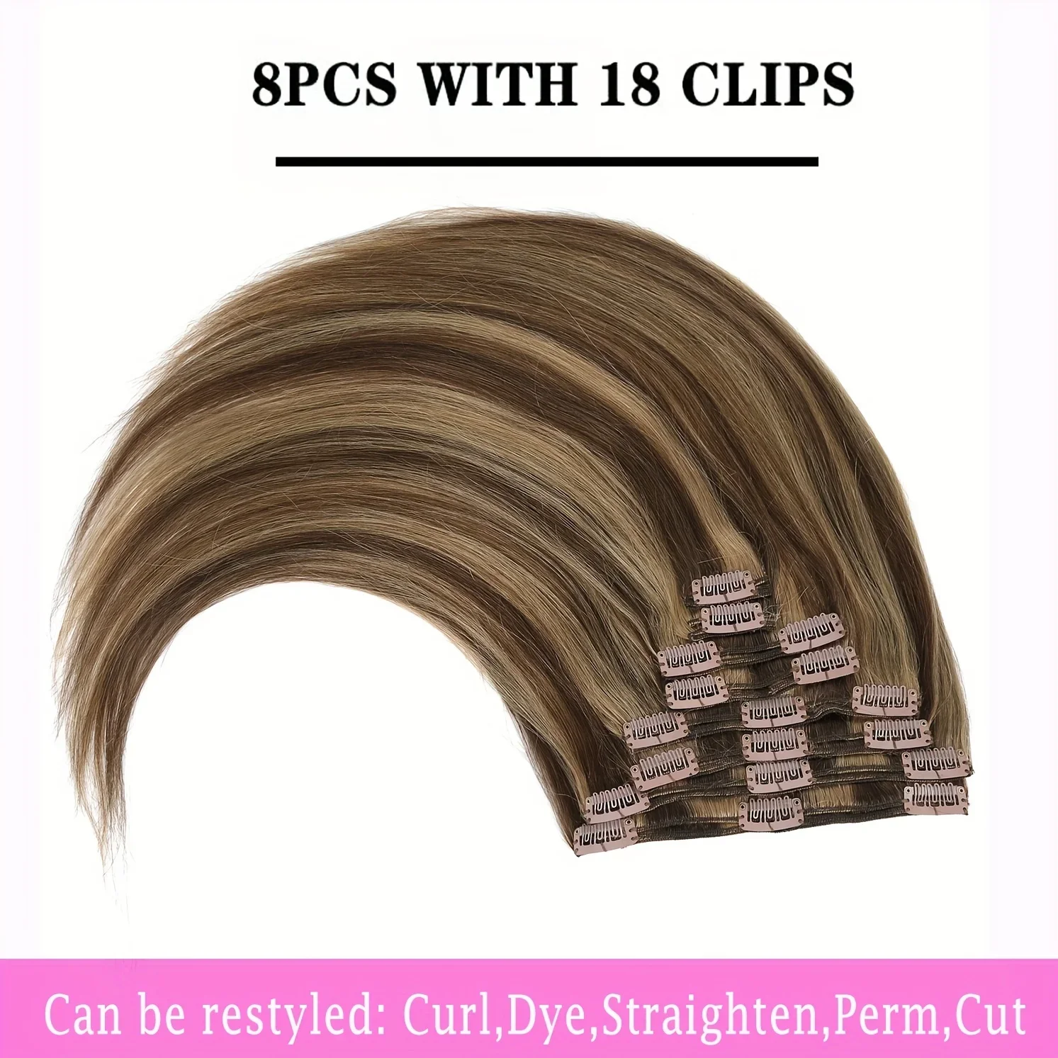 8-teiliges, doppelt glattes Remy-Haar, 100 % Echthaar, 18 Clips, Dunkelbraun, Schmutzig-Blond, Kopf verdickt, weich, glatt_voghion.com
