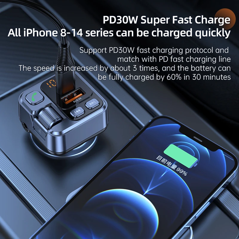 T16 Car Charger PD 30W Fast Charging Fm Transmitter Bluetooth Car Adapter