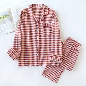 Sleepwear Manufacturers Couple Pajama Set 100% Cotton Double Layer Gauze Men's and Women's Japanese Plaid Long Sleeved Home Fury