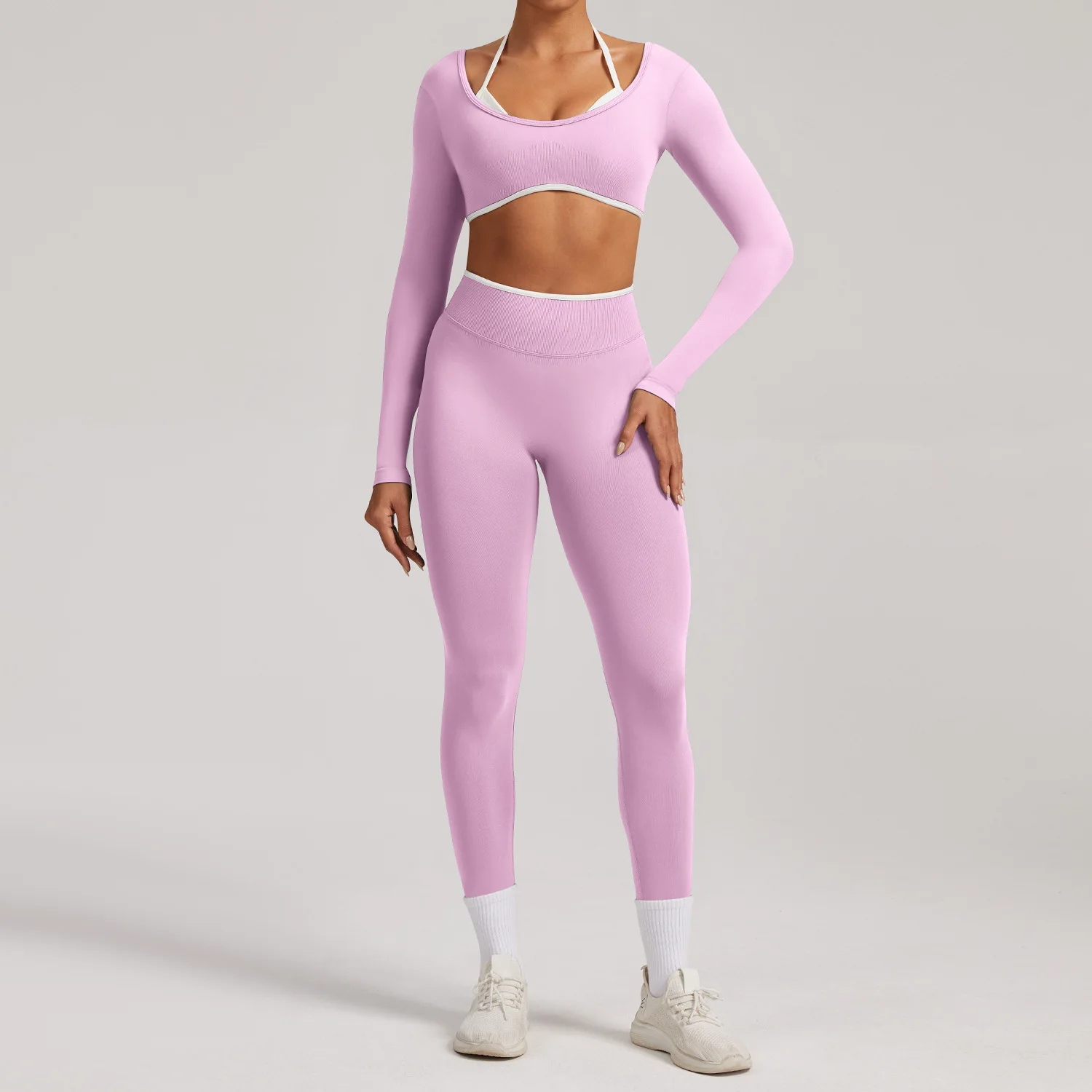 Seamless Tight-Fitting Solid Yoga Shorts 2-Piece Set Long-Sleeved Fitness Clothing Quick preview