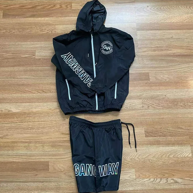 Custom Print Sweatsuit Two Piece Short Set Light Weight Jogging Suit Polyester Zipper Windbreaker Set Hood Tracksuit gallery 3