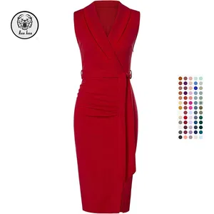 Vestido Casual Women's Bodycon Dress Sleeveless Shawl V-Neck  Midi Business Work Dresses with Belt for Cocktail Formal Party