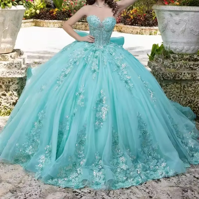 Customized Turquoise Tulle Lace Appliqued Quinceanera Dresses