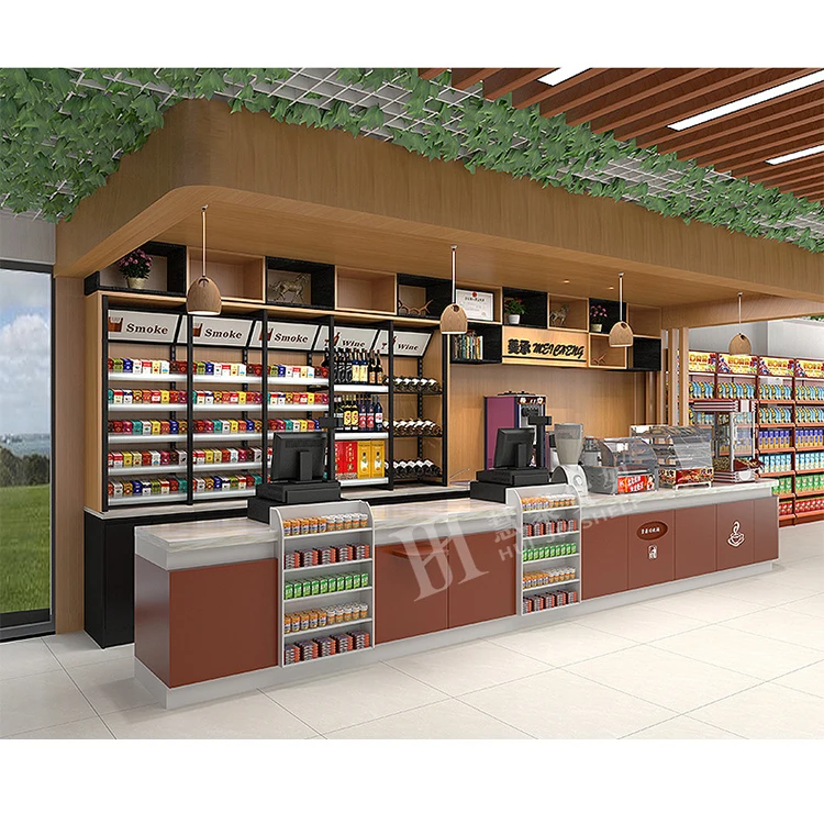 Meicheng Customized Retail Convenience Store Cashier Desk With Wine Rack Shelf Tobacco Display Stand