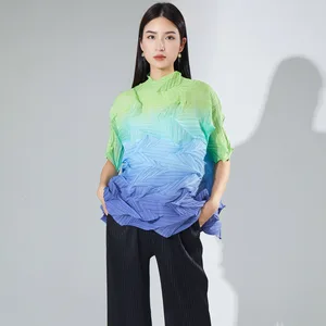 2025 New Design Miyake Pleated Gradient Top Diamond Shape Seven-Quarter Sleeve Oversized Plus Size Blouse