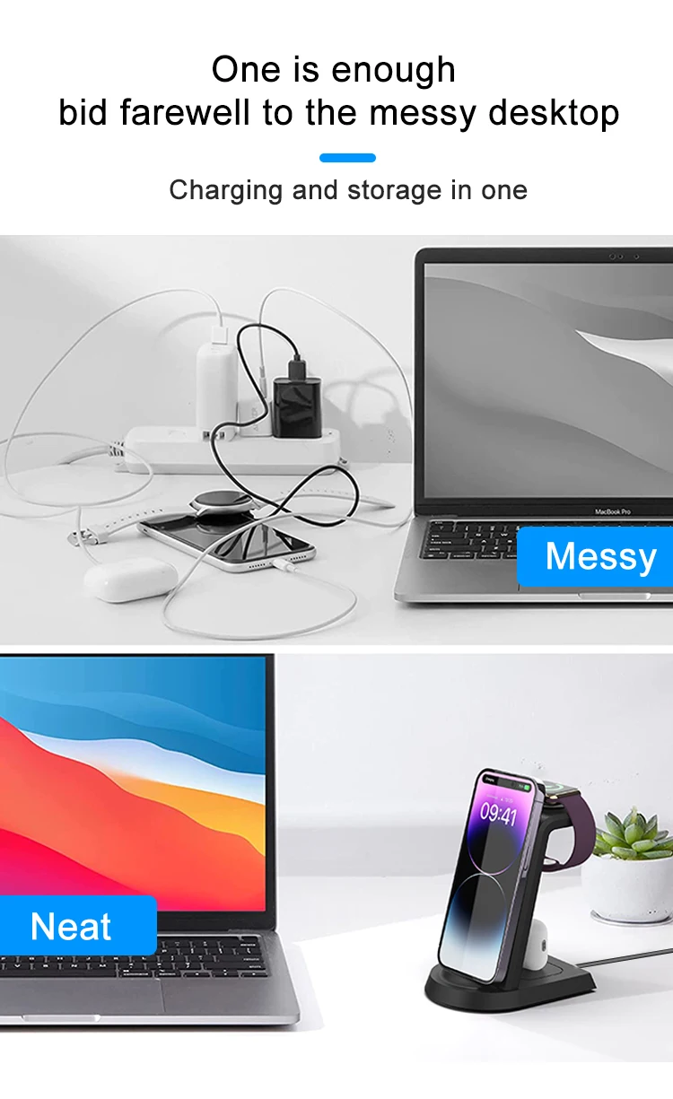 Desk 15w Fast Wireless Charging Dock 3 In One Qi Stand Charger Station