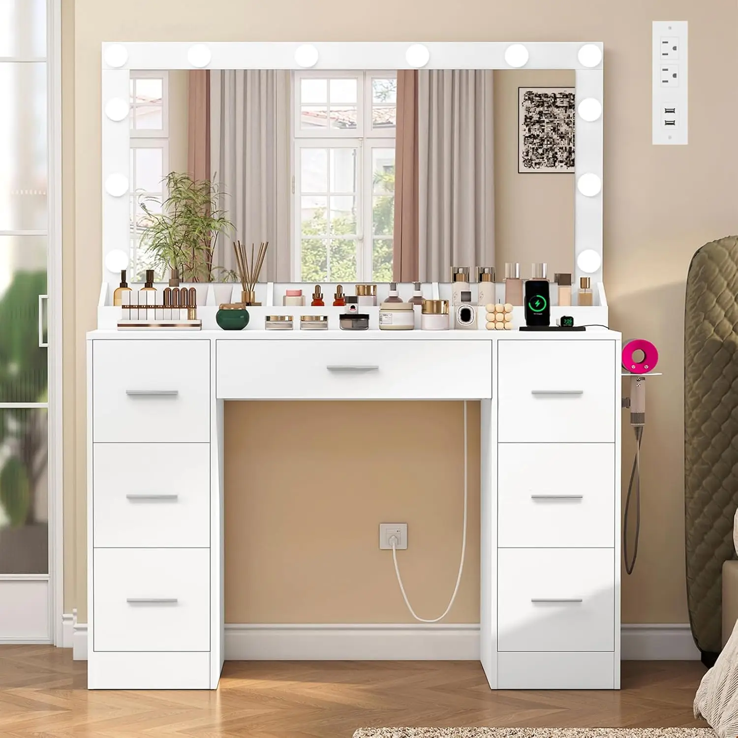Modern Wood Dressing Table with Storage Features and Mirror Wood Panel ...