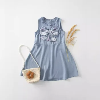 Baby girls dresses children clothing summer cotton and linen sleeveless vest baby princess dress plaid contrast color