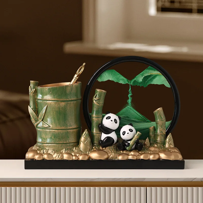 Golden Deer Figurines Panda Bamboo Pen Holder Set Modern Chinese Style Home Office Desk Decorative Ornament Collection