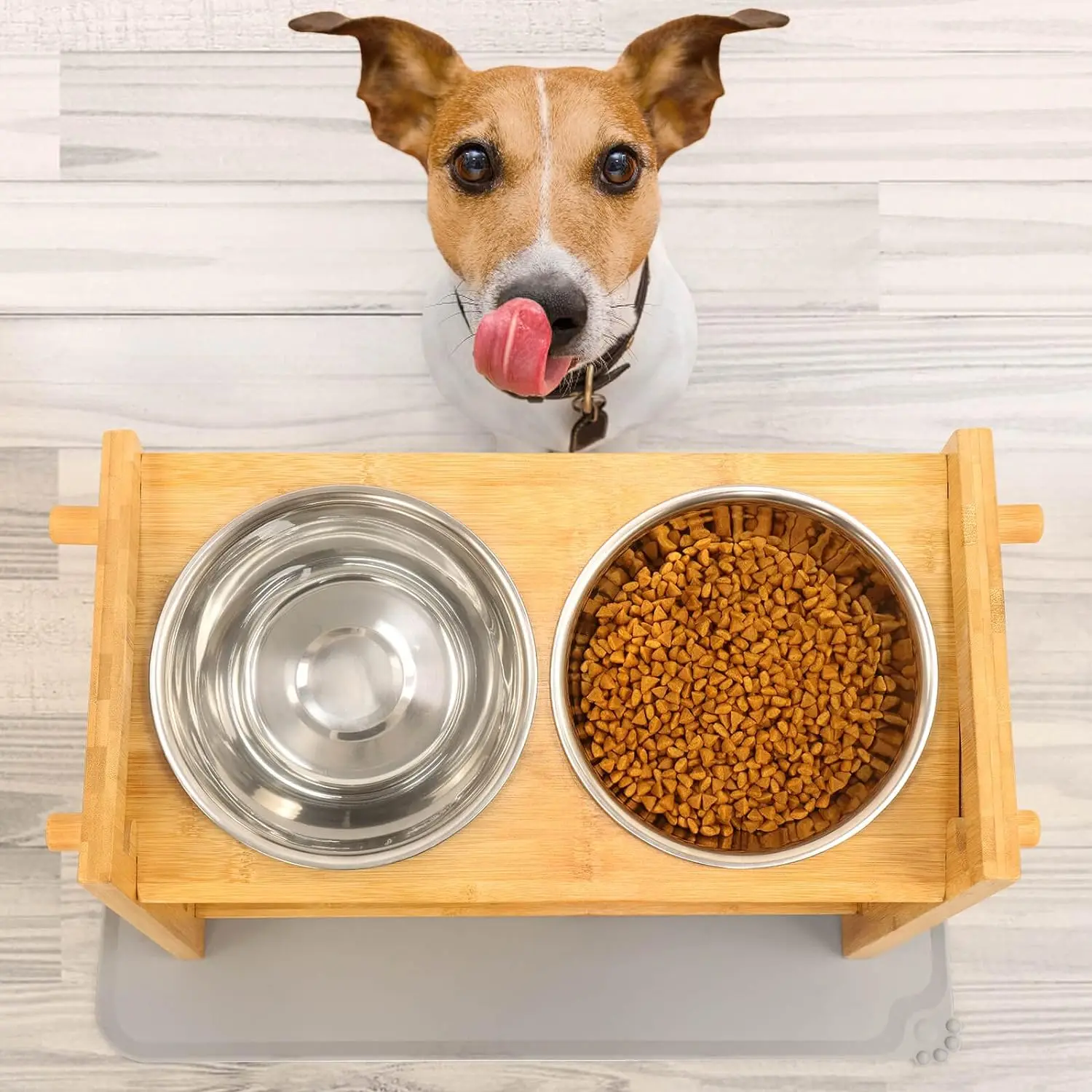 product adjustable bamboo pet feeder with 2 500ml stainless steel bowls anti slip elevated food stand for dogs-5