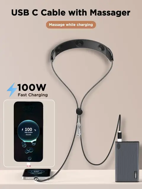 100W Fast Charging Neck Massager USB C C 1.45M Pure Copper Nylon Braided 3-Modes Silicone Vibration Data Transfer Phone Charger