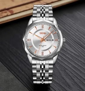 Skmei 9268 40mm Quartz Movement Stainless Steel Band Luxury Business Fashion Glass Dial Pointer Hands 3BAR Water Resistant New
