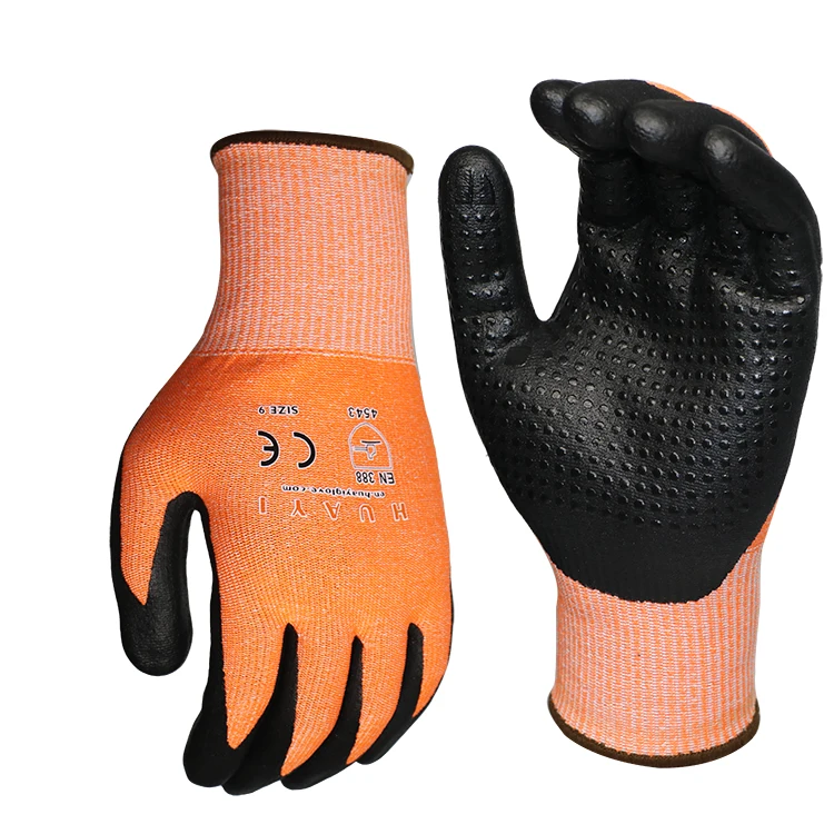 Micro Foam Nitrile Coated Orange Nitrile Gloves Palm Dotted Ansi Level
