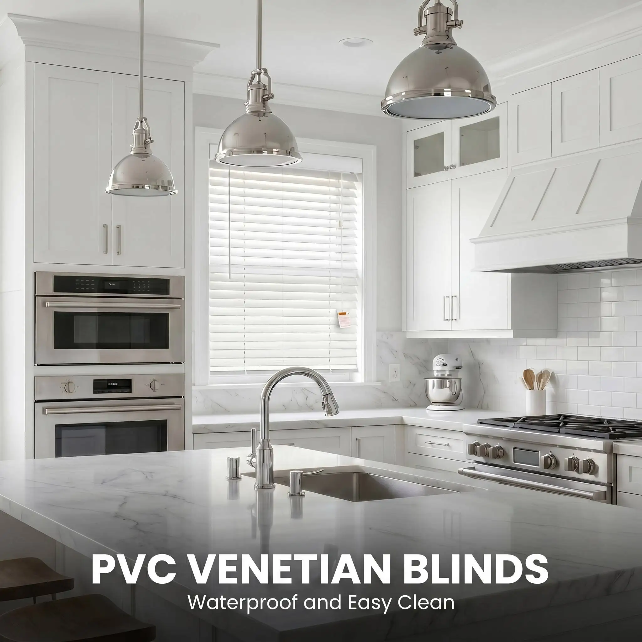 PVC Venesiese blinders met 50 mm lamellas, toustelsel, geverf kleurloos, waterdig, UV-blokkering, maklik skoon te maak, aangepaste grootte, ingebou, OEM-fabriek