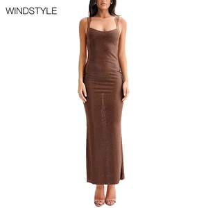 Custom Ladies' French Hot Diamond Sling Backless Evening Dress Knee-Length Satin Breathable Woven Solid Pattern for Summer Party