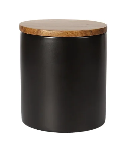 Fashionable matte ceramic candle jar storage canister container vessel with wooden lid Ceramic Pure Color Sugar Bowl Spice Jar