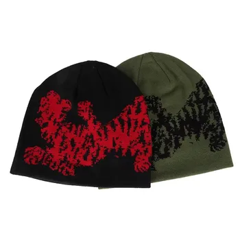 Y2K Style Jacquard Spider Web Pattern Knit Skully Cap