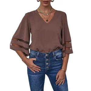 Women's Casual V-Neck Chiffon Blouse 3/4 Bell Sleeve Mesh Panel Eco-Friendly Loose Fit Plus Size Classic Top