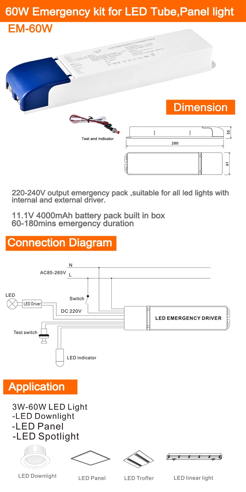 AC-DC LED Driver Converter Emergency Power Supply for 3-60W LED Panel Lights LED Tubes LED Downlights LED Linear Lights