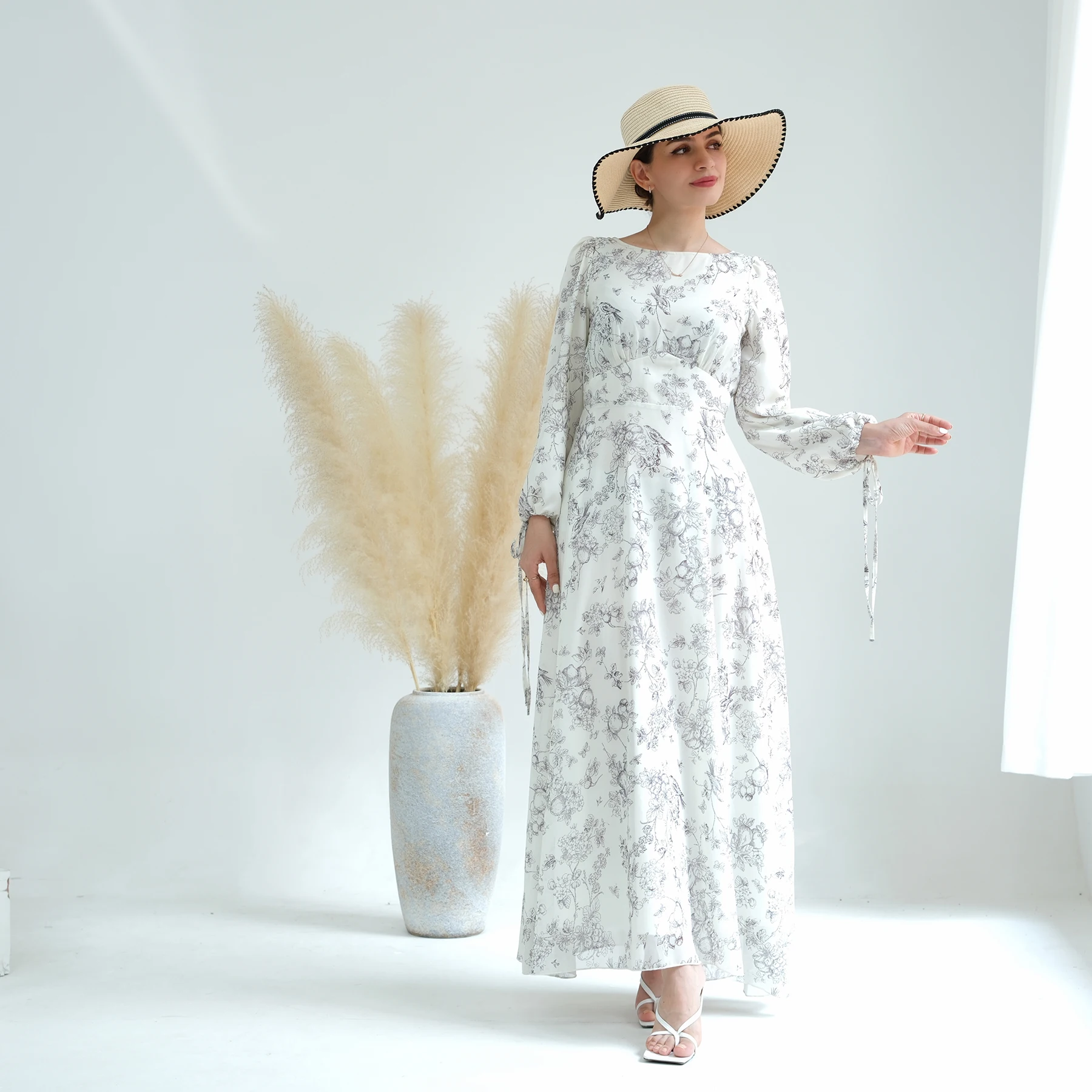 2023 Loriya Abaya Muslim Women Dress Chiffon Stylish Floral Long Dresses Women Summer Muslim Long Dress