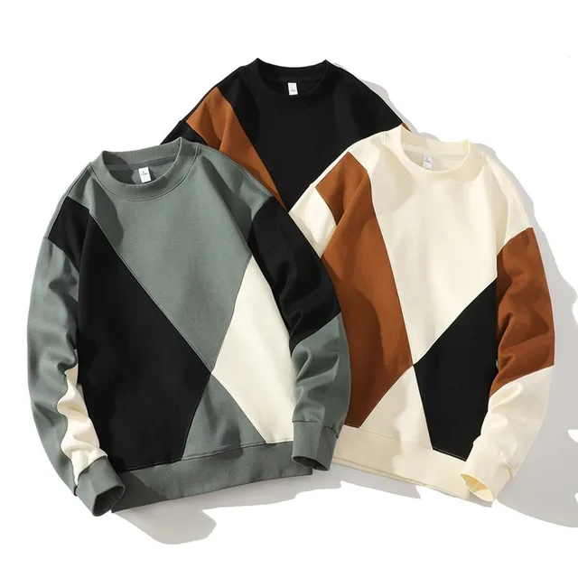 2023 Spring and Autumn new casual fashion wild round neck men's sweater loose color blocking long-sleeved men's T-shirt