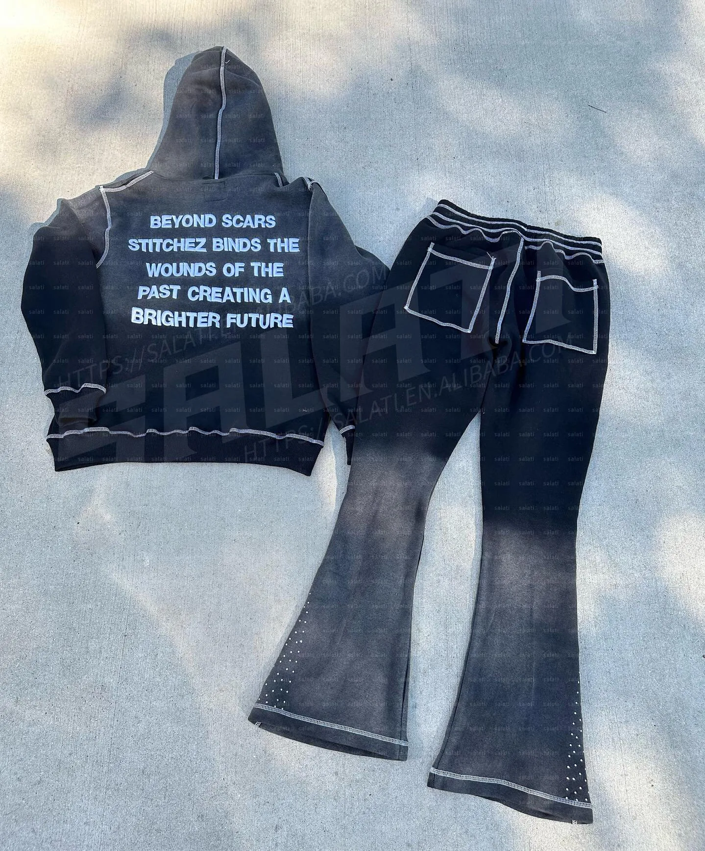 Custom Distressed Acid Wash Tracksuit Rhinestone Zip up Sweatsuit Contrast Stitch Track Suit Flare Sweatpants and Hoodie Set Men gallery 2