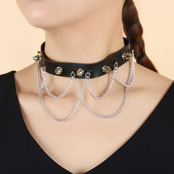Wholesale Punk spike Goth Metal chain PU Leather Choker Collar Necklace for Women Girl sexy Cosplay jewelry necklace